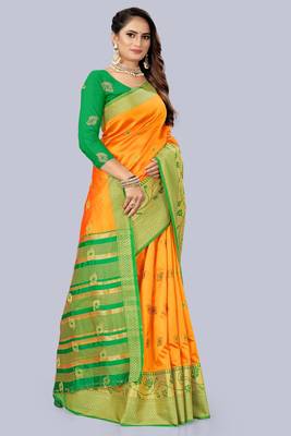 Yellow embroidered banarasi saree with blouse 4