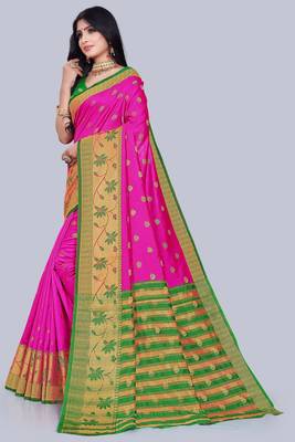 Dark pink embroidered banarasi saree with blouse 3