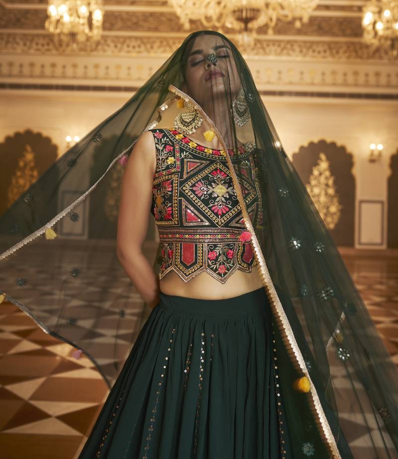 Dreamy Green Sequins Embroidered Georgette Semi Stitched Lehenga