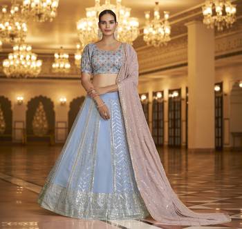 Pleasant Light Blue Sequins Embroidered Georgette Semi Stitched Lehenga 1