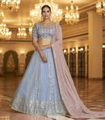 Pleasant Light Blue Sequins Embroidered Georgette Semi Stitched Lehenga