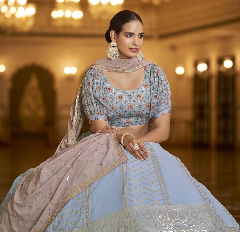 Pleasant Light Blue Sequins Embroidered Georgette Semi Stitched Lehenga