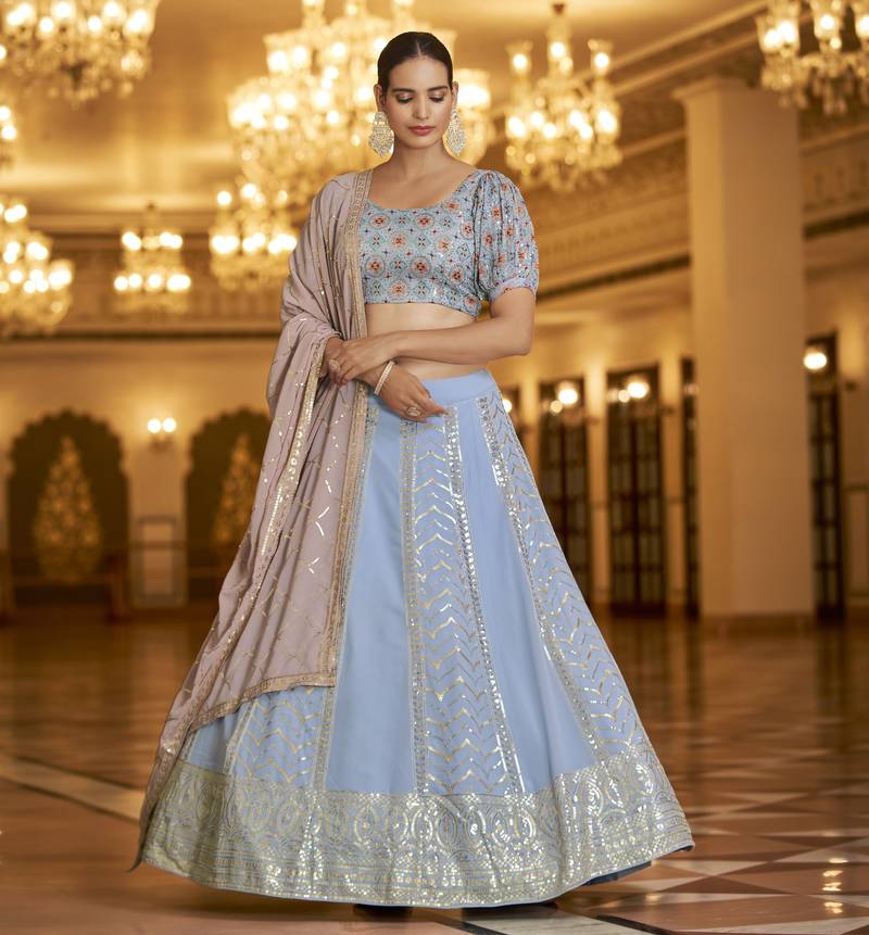 Pleasant Light Blue Sequins Embroidered Georgette Semi Stitched Lehenga