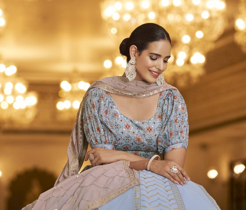 Pleasant Light Blue Sequins Embroidered Georgette Semi Stitched Lehenga