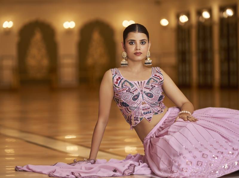 Pleasant Dusty Pink Sequins Embroidered Georgette Semi Stitched Lehenga