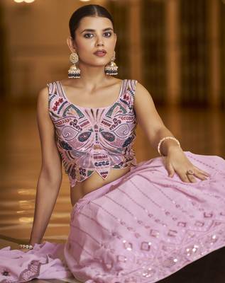 Pleasant Dusty Pink Sequins Embroidered Georgette Semi Stitched Lehenga 3