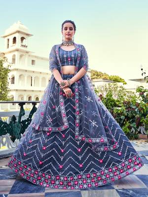 Grey Sequins Embroidered Soft Net Wedding Wear Lehenga Choli 1