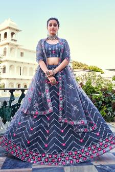 Grey Sequins Embroidered Soft Net Wedding Wear Lehenga Choli