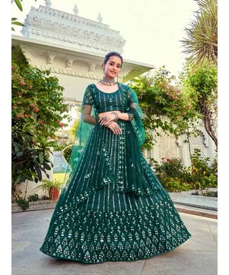 Green Sequins Embroidered Soft Net Wedding Wear Lehenga Choli 1