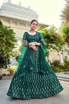 Green Sequins Embroidered Soft Net Wedding Wear Lehenga Choli