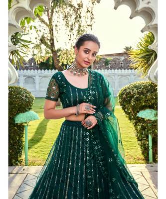 Green Sequins Embroidered Soft Net Wedding Wear Lehenga Choli 2