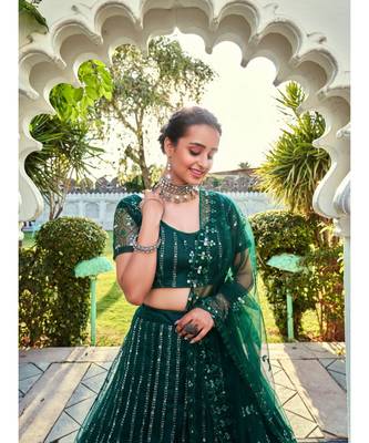 Green Sequins Embroidered Soft Net Wedding Wear Lehenga Choli 3