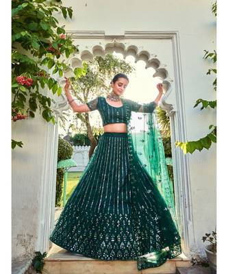 Green Sequins Embroidered Soft Net Wedding Wear Lehenga Choli 4