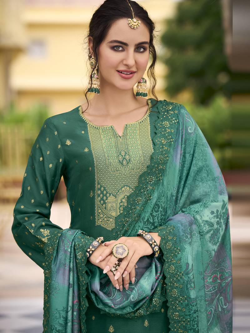 Green Silk Jacquard Embroidered Festive Salwar Suit