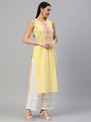 Yellow embroidered cotton ethnic-kurtis 3