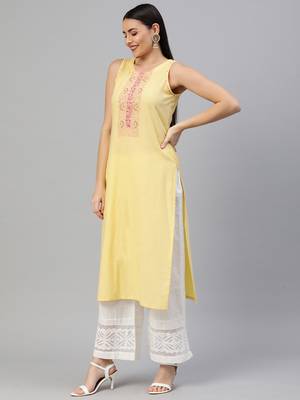 Yellow embroidered cotton ethnic-kurtis 4