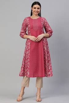 Pink embroidered art silk ethnic-kurtis