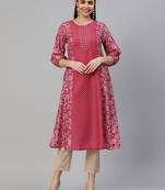 Pink embroidered art silk ethnic-kurtis