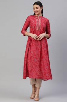 Red printed art silk ethnic-kurtis