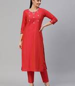 Peach embroidered art silk ethnic-kurtis