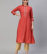 Peach embroidered art silk ethnic-kurtis