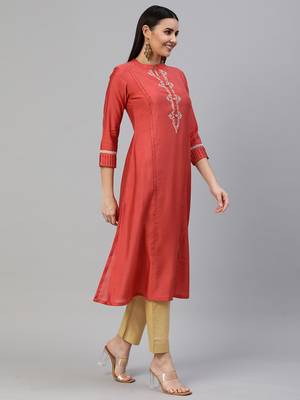 Peach embroidered art silk ethnic-kurtis 3