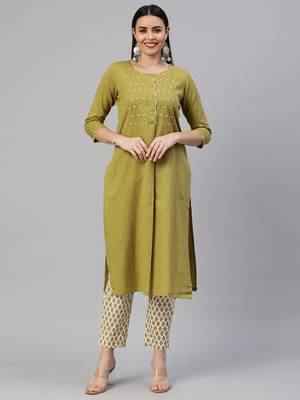 Olive embroidered cotton ethnic-kurtis 1