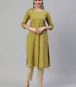 Olive embroidered cotton ethnic-kurtis