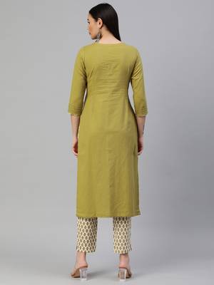 Olive embroidered cotton ethnic-kurtis 2