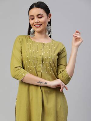 Olive embroidered cotton ethnic-kurtis 5