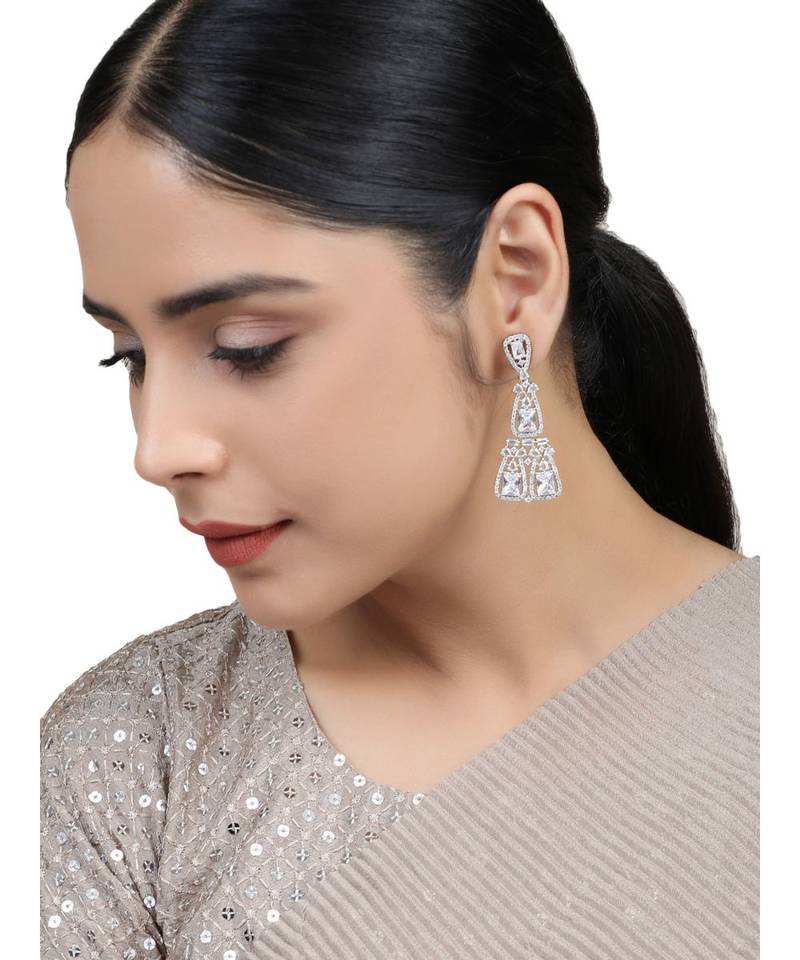 Styylo Fashion White American Diamond Silver Plated Designer Triangular shape Earring