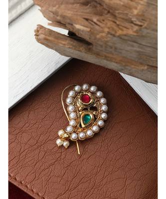 Styylo Fashion Gold-Plated Pink & White Stone-Studded Beaded Nosepin 1