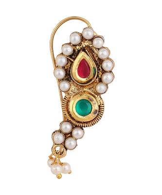 Styylo Fashion Maroon And Green Gold-Plated CZ-Studded & Beaded Maharashtrian Nose Pin 2