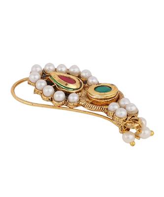Styylo Fashion Maroon And Green Gold-Plated CZ-Studded & Beaded Maharashtrian Nose Pin 4