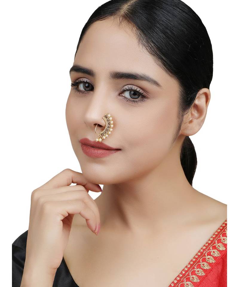 Styylo Fashion Gold-Plated Pearl Studded & Beaded Maharashtrian Nosepin