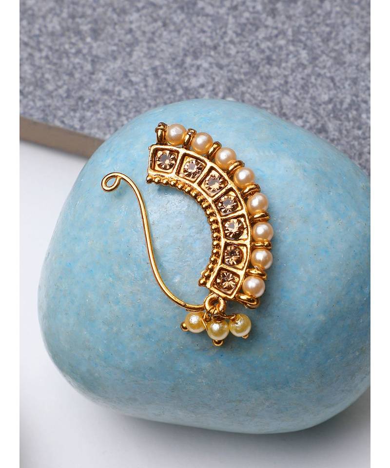 Styylo Fashion Gold-Plated Pearl Studded & Beaded Maharashtrian Nosepin