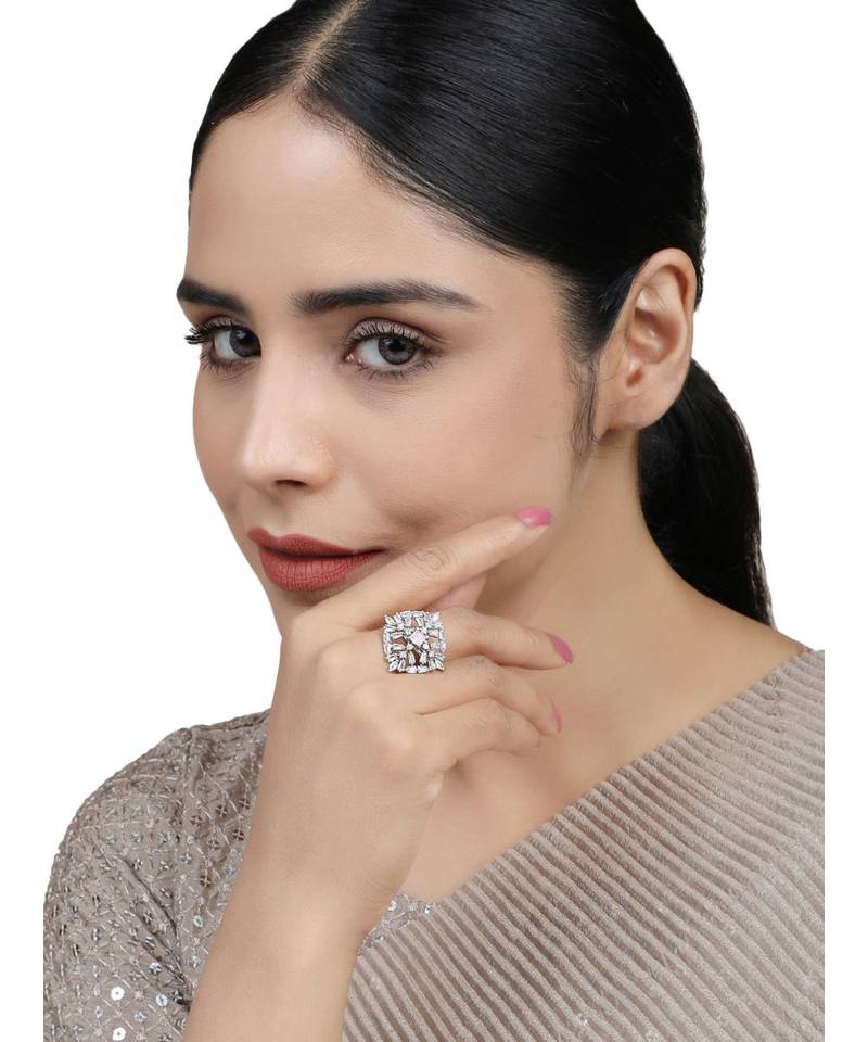 Styylo fashion Stylish American Diamond Studded Silver Plated Square shaped Adjustable Ring