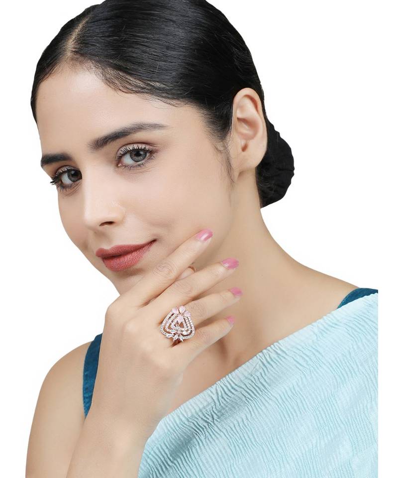 Styylo fashion Gold-Plated Pink & White AD-Studded Adjustable Finger Ring