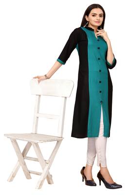 Teal And Black Color Styles Rayon Long Kurti. 1