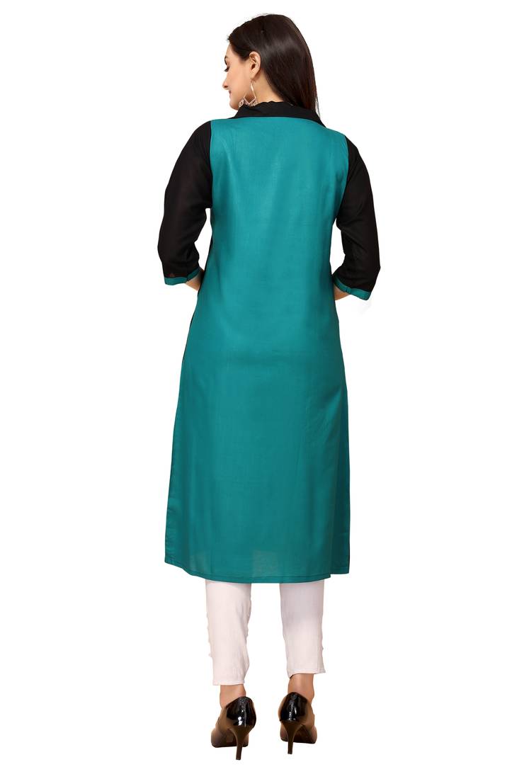 Teal And Black Color Styles Rayon Long Kurti.