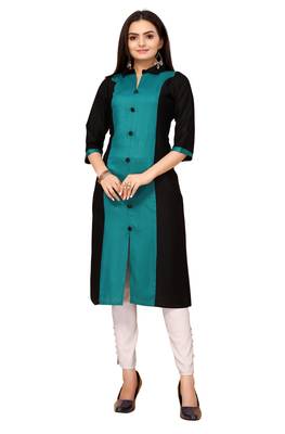 Teal And Black Color Styles Rayon Long Kurti. 3