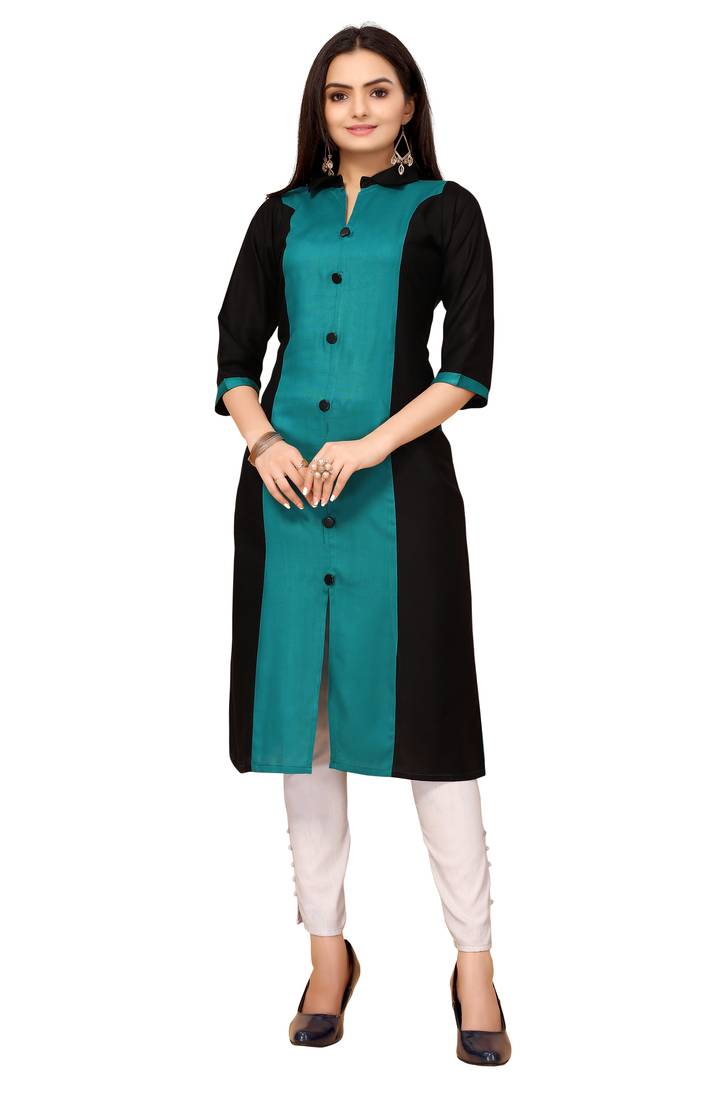 Teal And Black Color Styles Rayon Long Kurti.