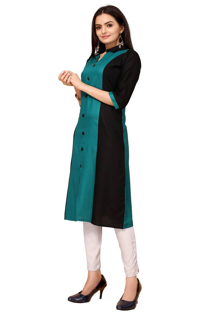Teal And Black Color Styles Rayon Long Kurti.