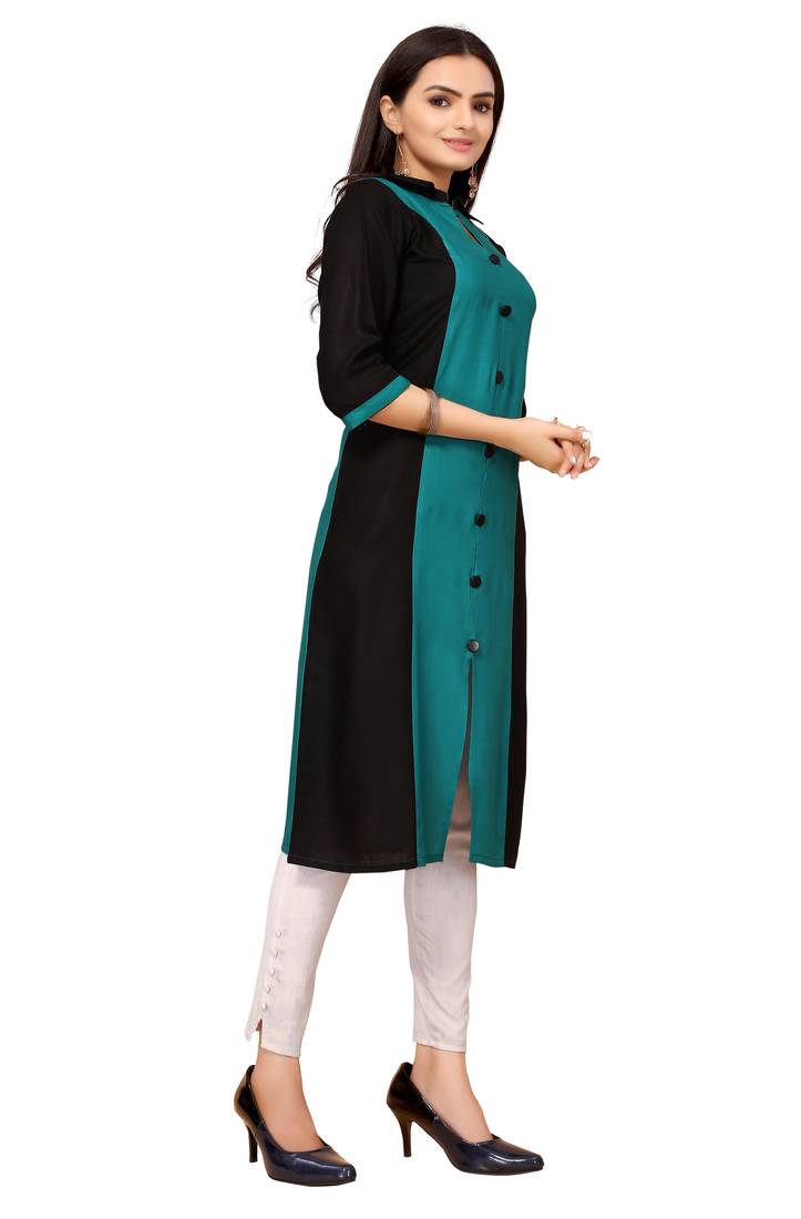 Teal And Black Color Styles Rayon Long Kurti.