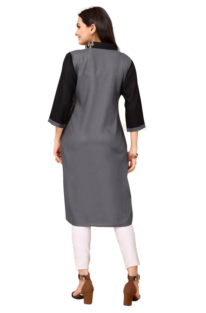 Grey And Black Color Styles Rayon Long Kurti.
