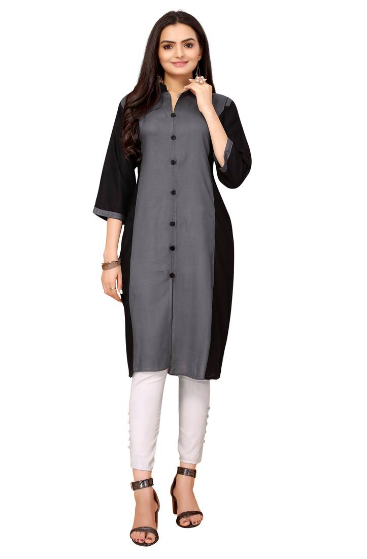 Grey And Black Color Styles Rayon Long Kurti.