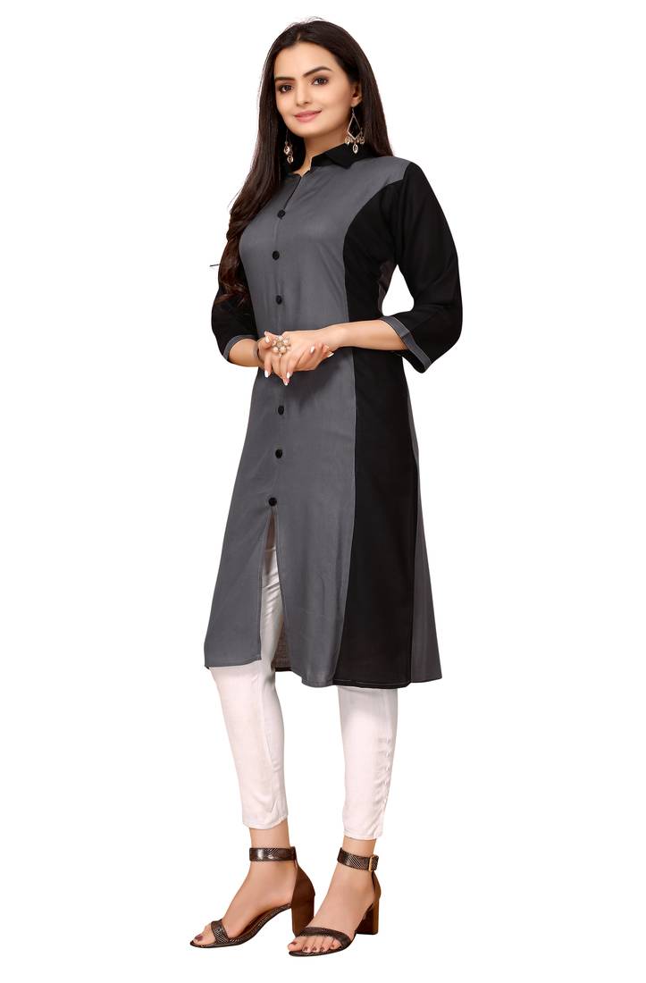 Grey And Black Color Styles Rayon Long Kurti.