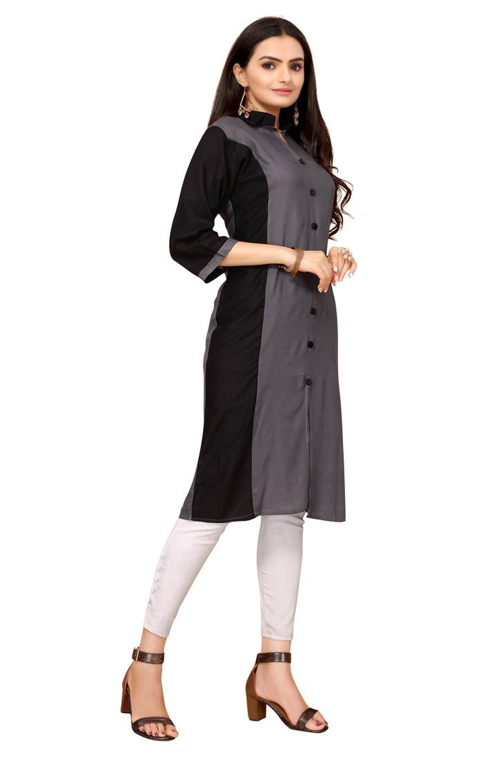 Grey And Black Color Styles Rayon Long Kurti.