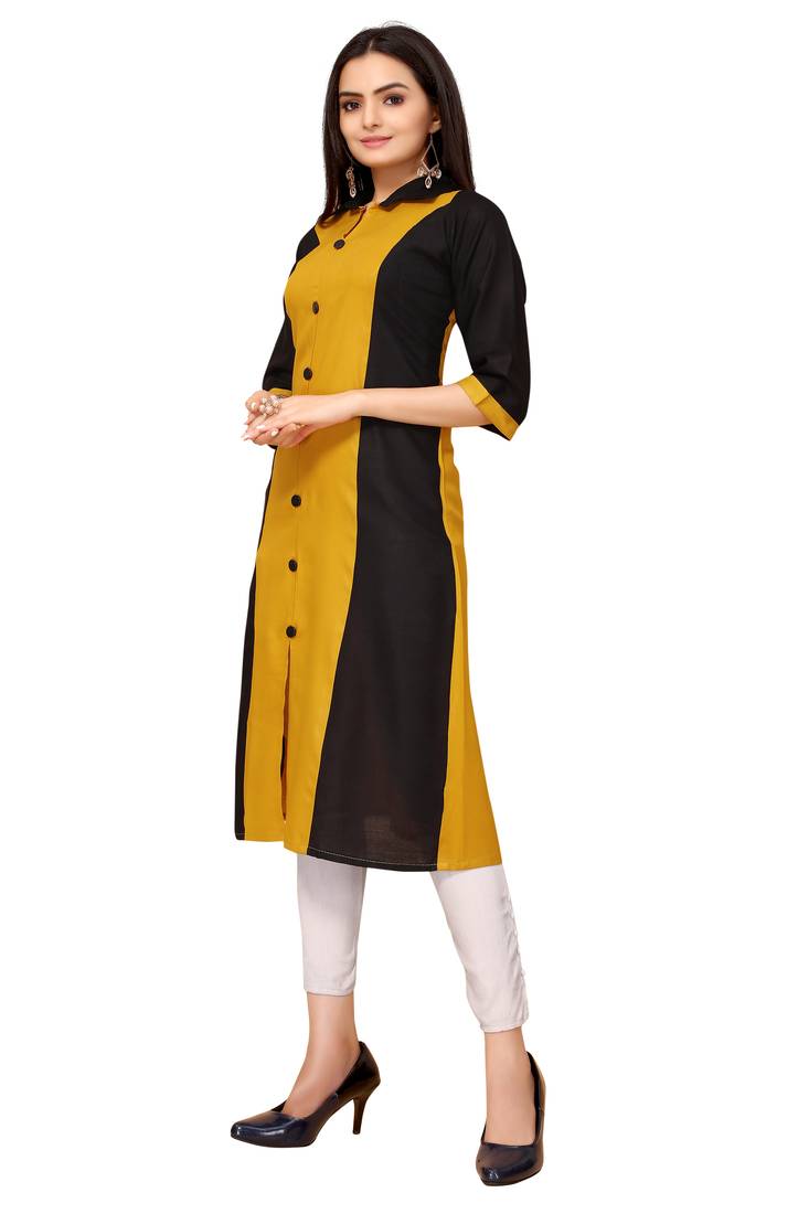 Mustard And Black Color Styles Rayon Long Kurti.