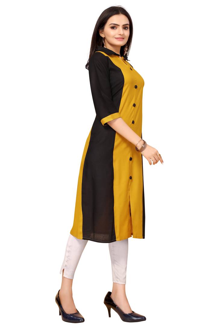 Mustard And Black Color Styles Rayon Long Kurti.